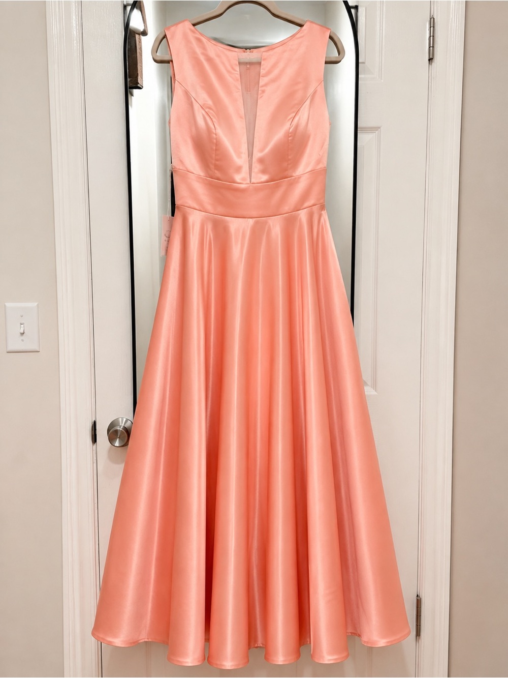 Satin Fit-and-Flare Midi Dress in Coral
